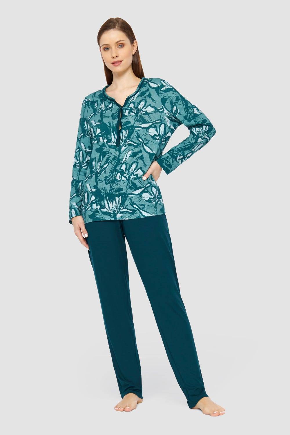 Rösch Pyjama mit Blumenmuster Petrol 100% Baumwolle