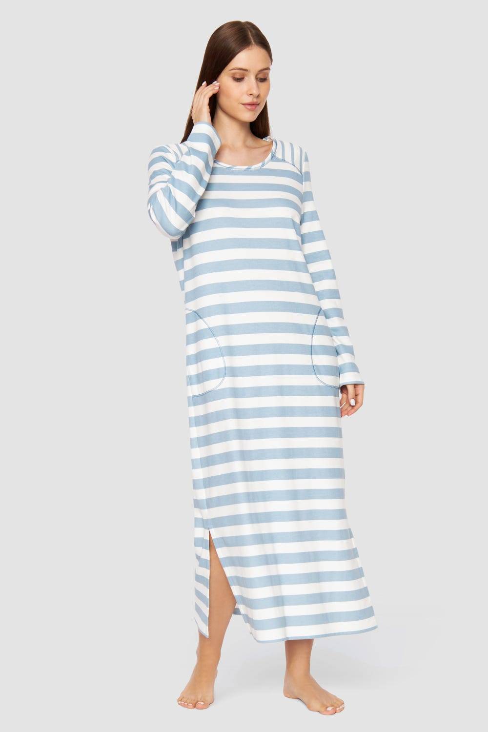Rösch Nachtkleid im Ringel-Mustermix angerauht Hellblau 100% Baumwolle