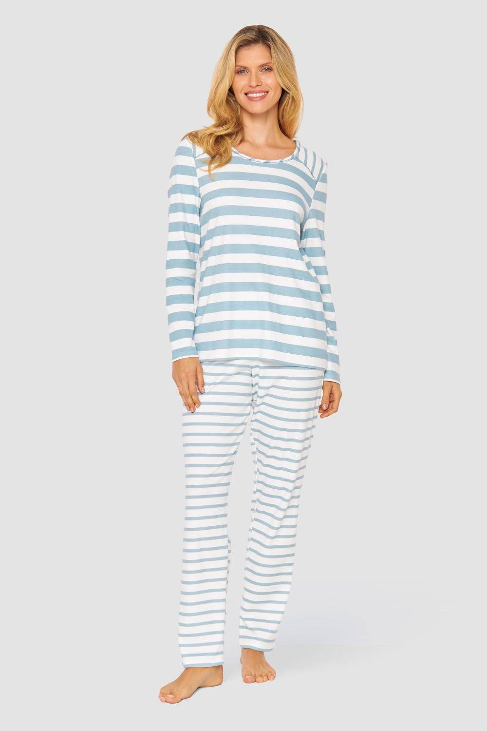 Rösch Pyjama im Ringel-Mustermix angerauht Hellblau 100% Baumwolle