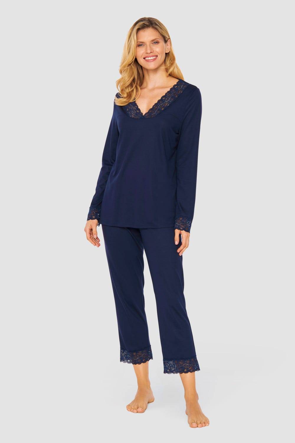 Rösch Pyjama mit Spitzendetails Dunkelblau Baumwolle/Modal