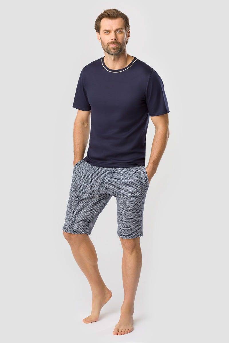 Rösch Herren Kurzer Pyjama mit Minimalprint Blau Bermuda 100% Baumwolle