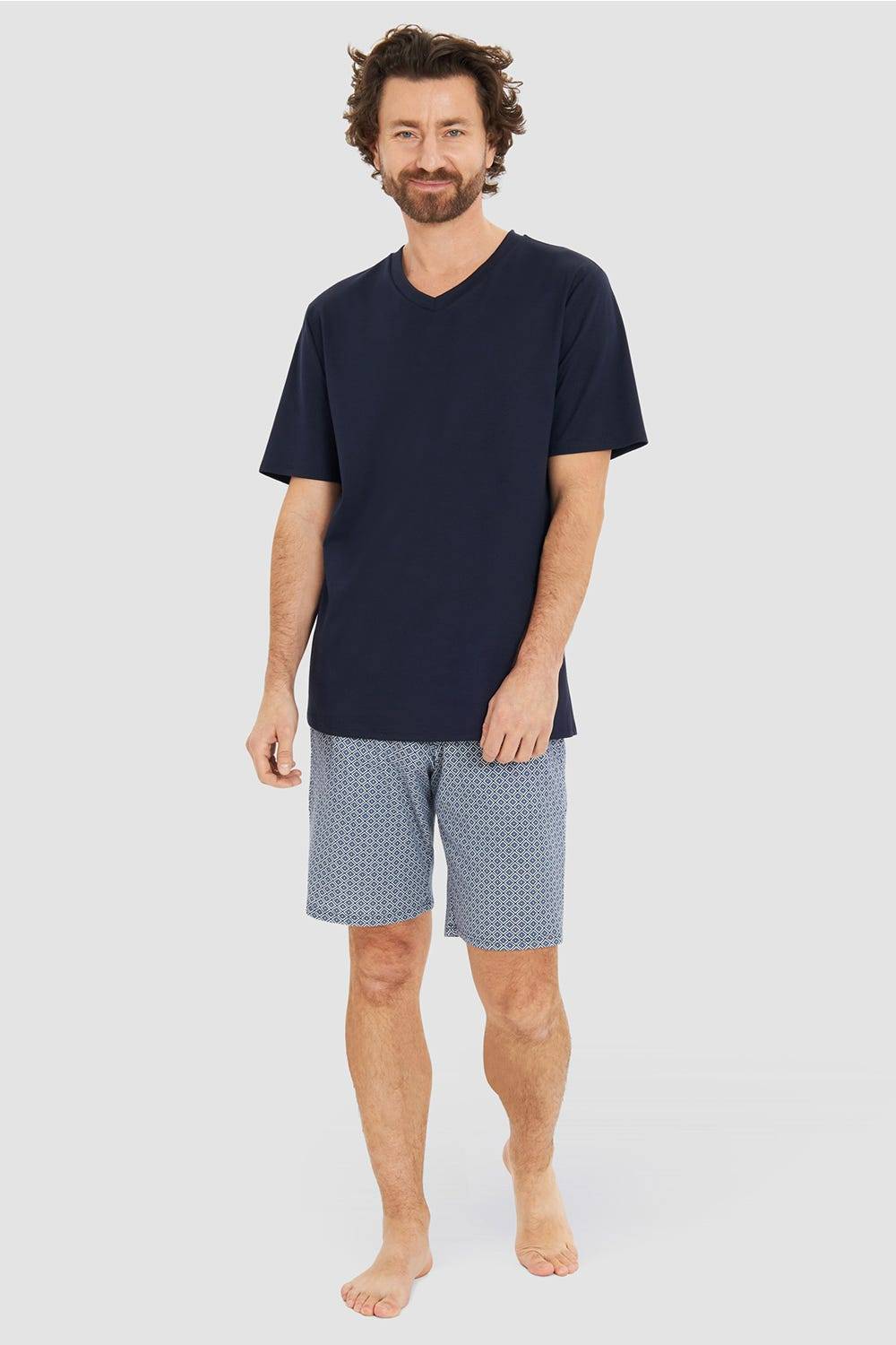 Rösch Herren Kurzer Pyjama mit Minimalprint Blau Bermuda V-Ausschnitt 100% Baumwolle