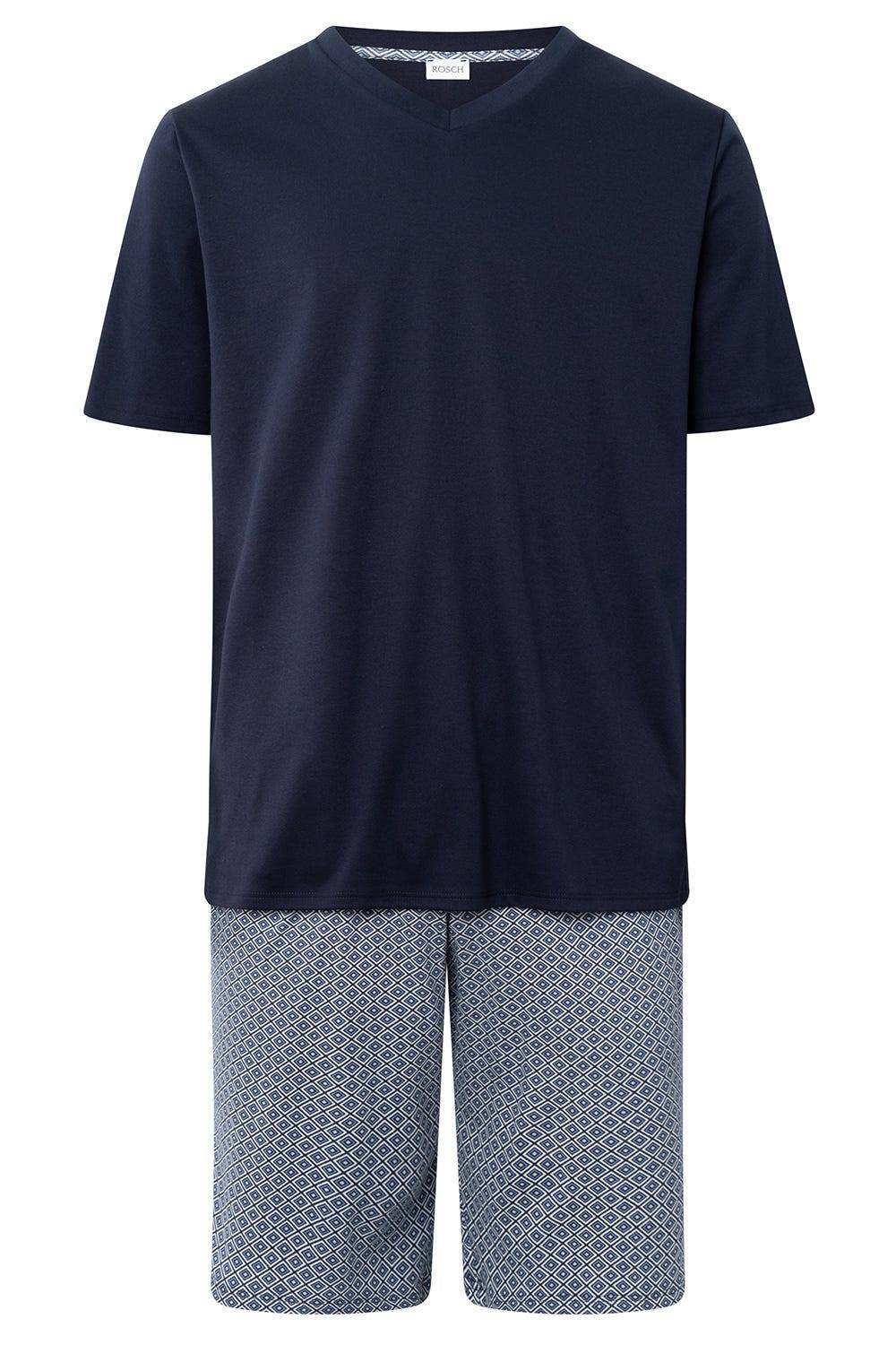 Rösch Herren Kurzer Pyjama mit Minimalprint Blau Bermuda V-Ausschnitt 100% Baumwolle Verkauf