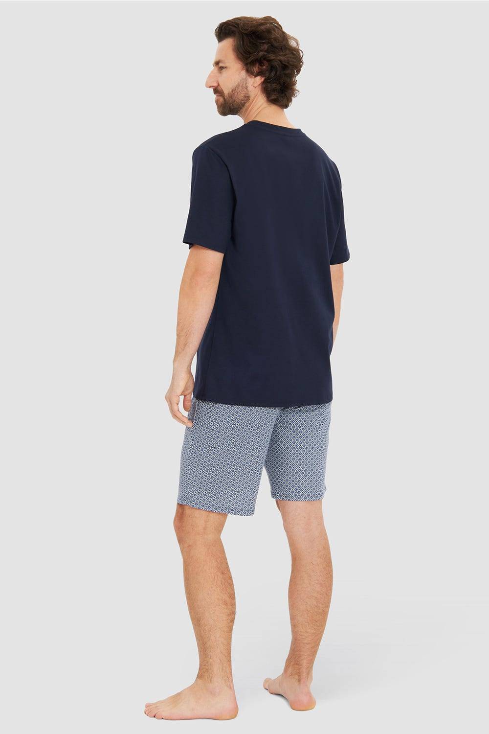 Rösch Herren Kurzer Pyjama mit Minimalprint Blau Bermuda V-Ausschnitt 100% Baumwolle Verkauf