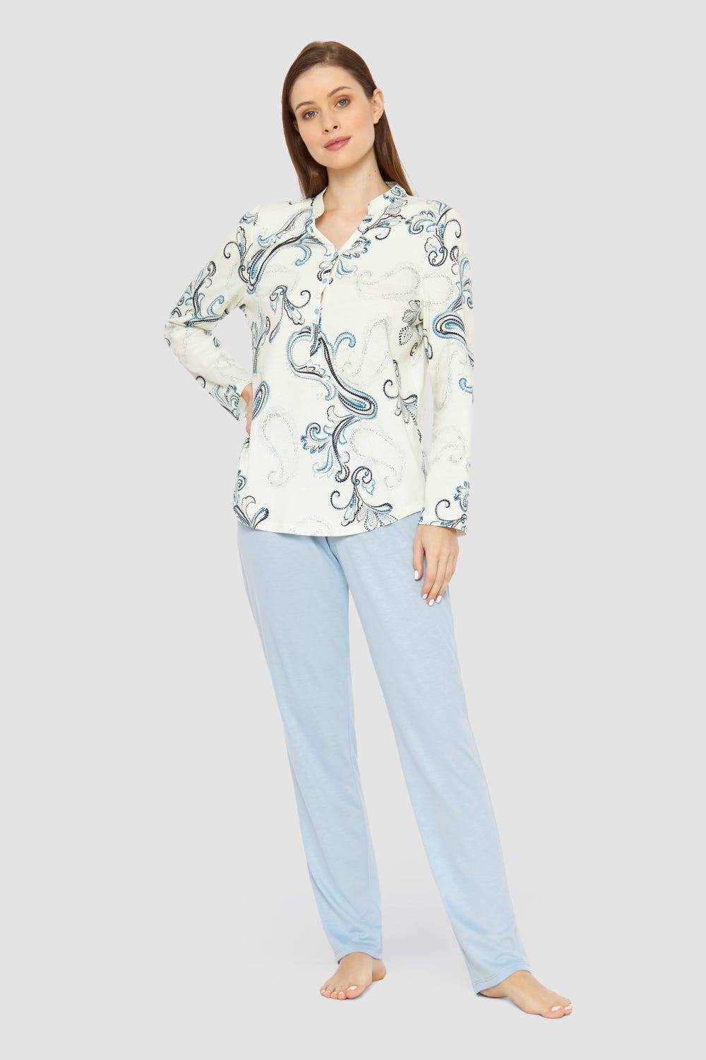 Rösch Pyjama mit Paisleydruck Hellblau Baumwolle/Modal