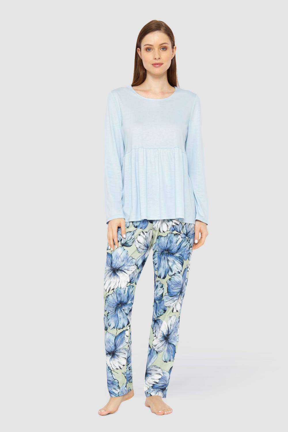 Rösch Pyjama mit Stufenlook Hellblau Baumwolle/Modal