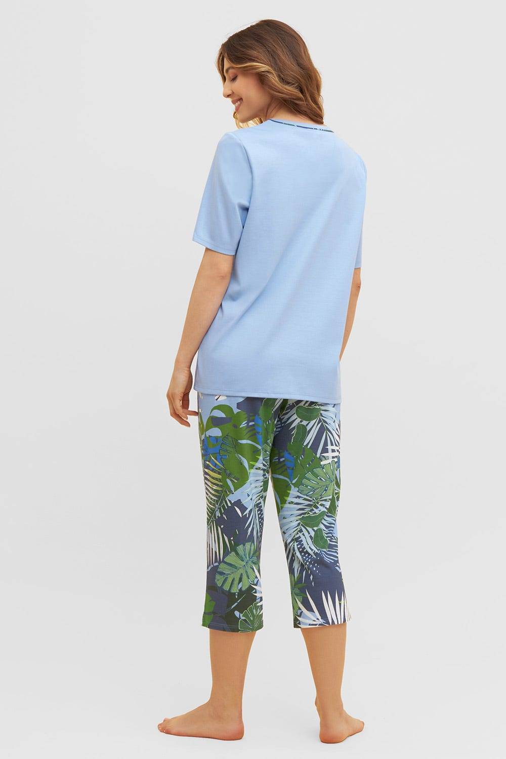 Rösch Pyjama mit tropischem Palmen-Druck 3/4-Hose Paspel Baumwolle/Modal Fabrikverkauf