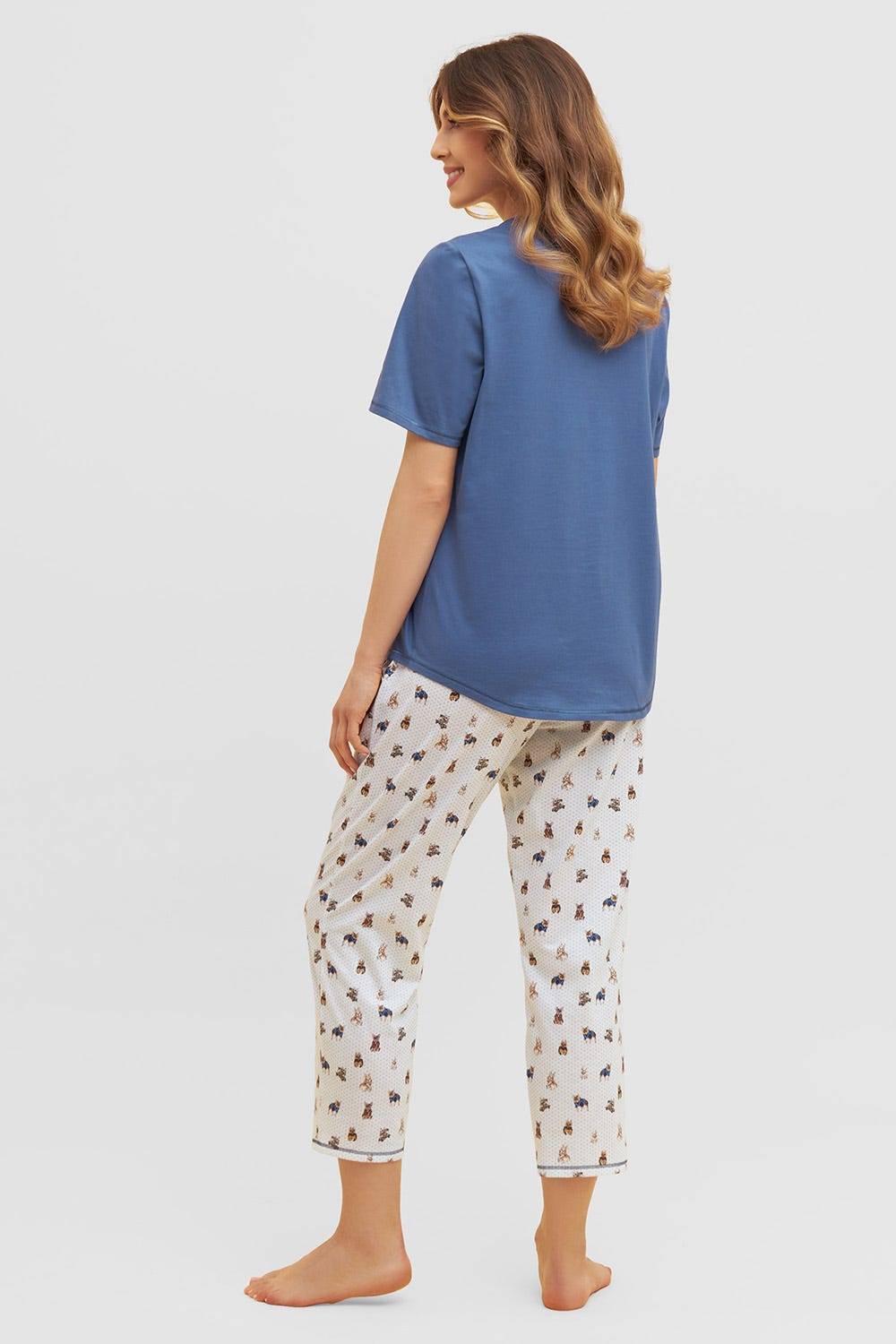 Rösch Pyjama mit verspieltem Hunde-Druck 7/8-Hose Blau Ziernähte 100% Baumwolle Meist gekauft