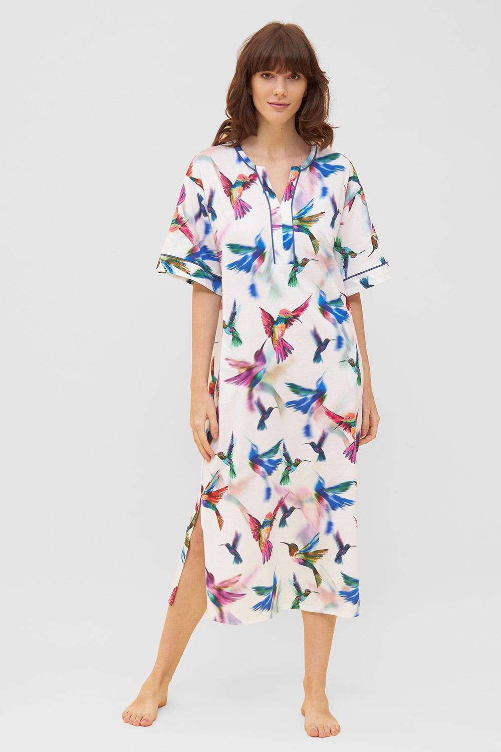 Rösch Nachtkleid im Vogel-Druck Kimono Paspeln Halbarm Maxi-Länge 100% Baumwolle