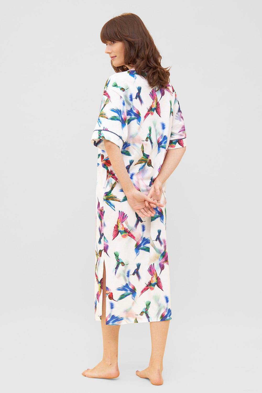 Rösch Nachtkleid im Vogel-Druck Kimono Paspeln Halbarm Maxi-Länge 100% Baumwolle Outlet