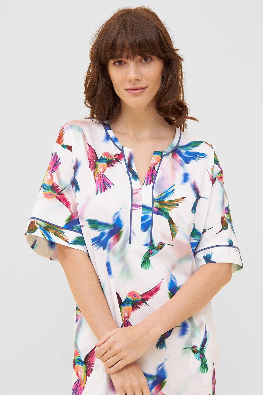 Rösch Nachtkleid im Vogel-Druck Kimono Paspeln Halbarm Maxi-Länge 100% Baumwolle Outlet
