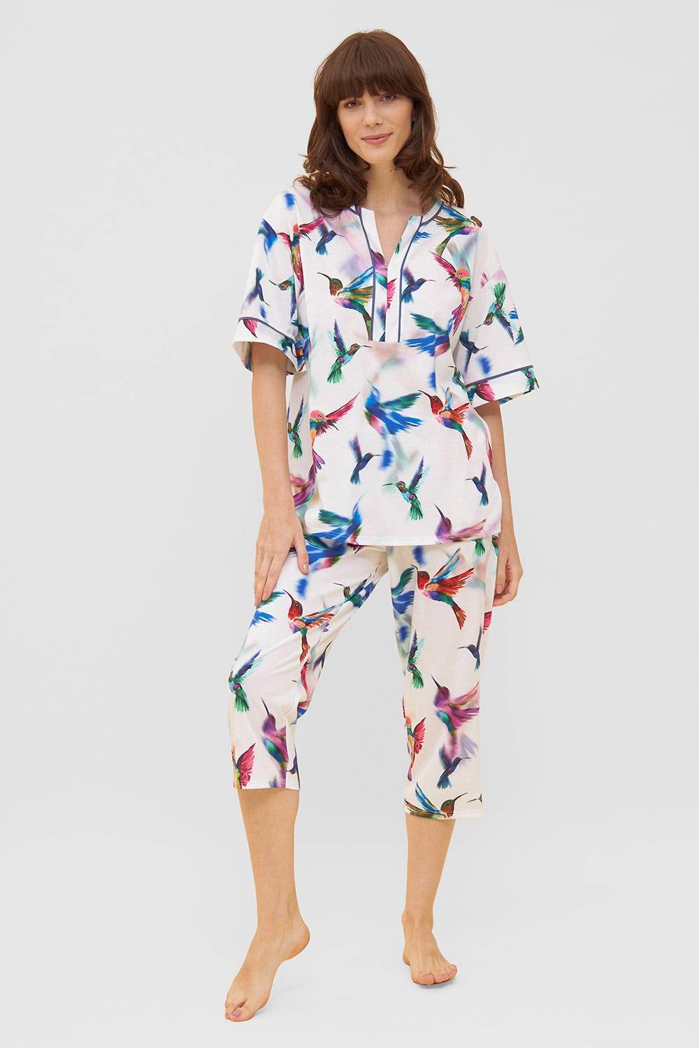 Rösch Pyjama im Vogel-Druck Kimono Paspeln Halbarm 100% Baumwolle
