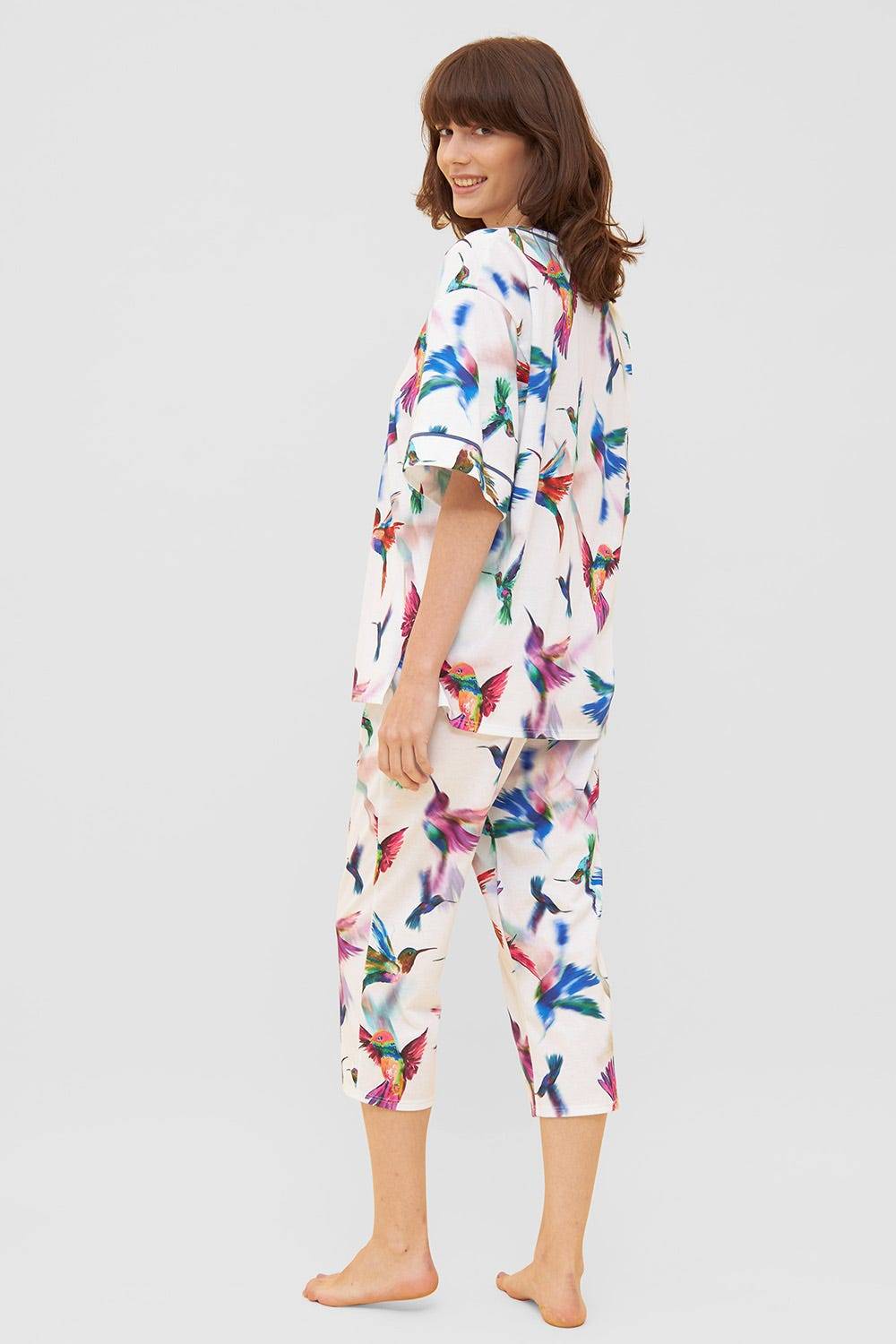 Rösch Pyjama im Vogel-Druck Kimono Paspeln Halbarm 100% Baumwolle Saisonale Angebote