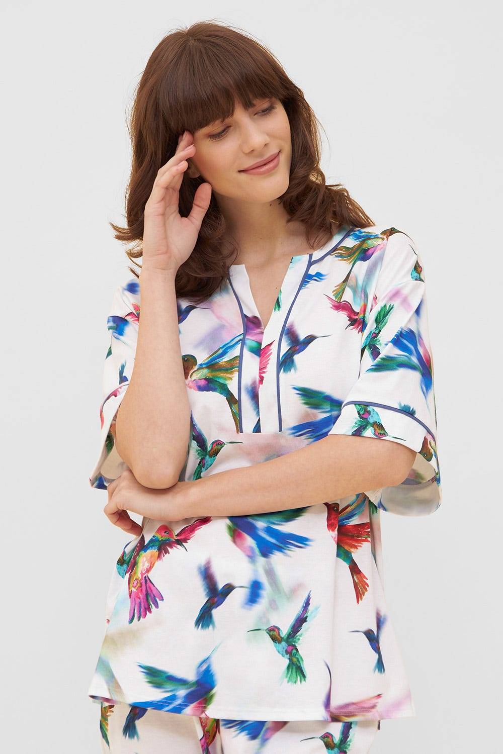 Rösch Pyjama im Vogel-Druck Kimono Paspeln Halbarm 100% Baumwolle Saisonale Angebote