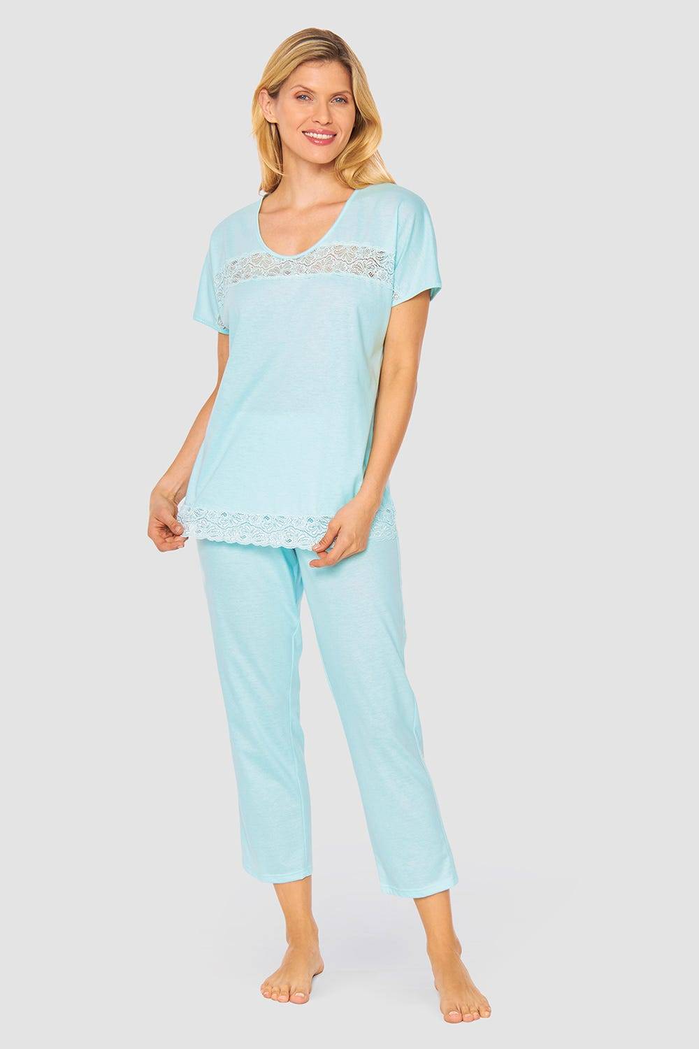 Rösch Pyjama mit feinen Spitzendetails Uni Elegant 100% Baumwolle