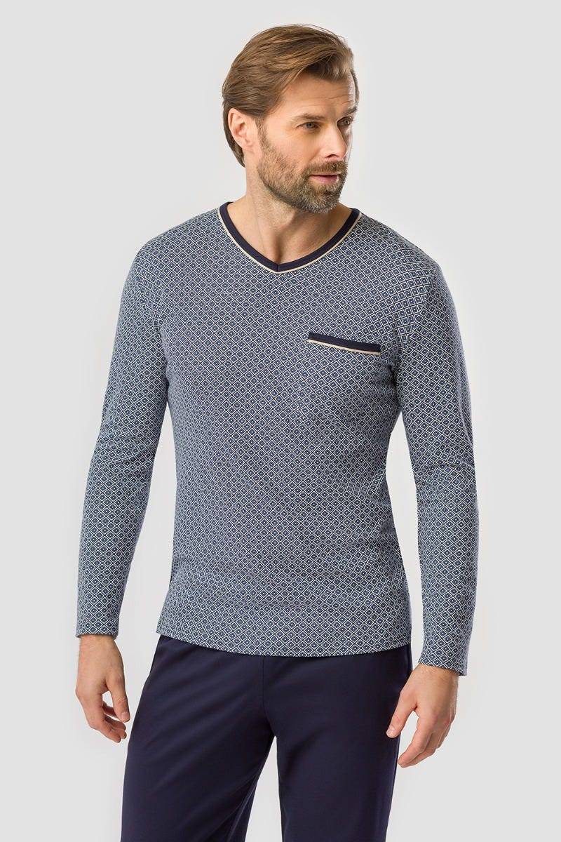 Rösch Herren Pyjama mit Minimalprint Blau Klassisch 100% Baumwolle Hotsell
