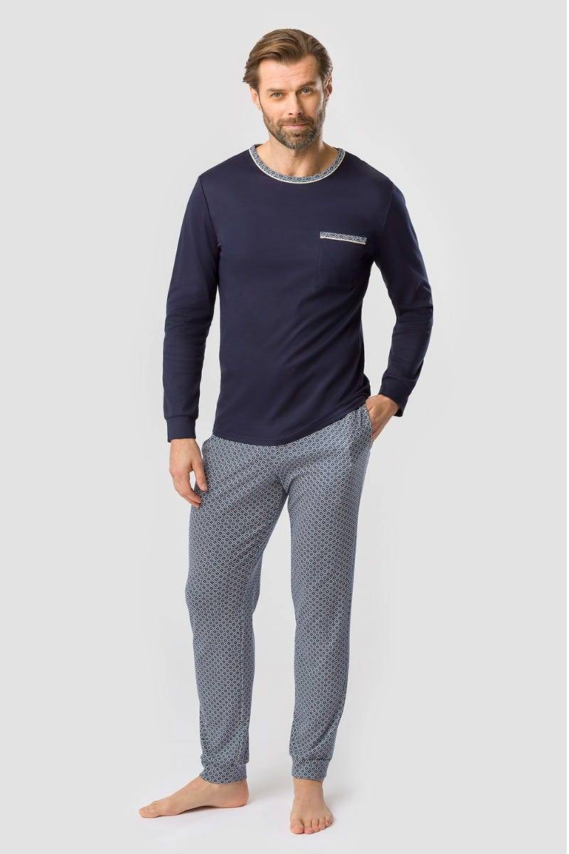 Rösch Herren Pyjama mit Minimalprint Blau Raffungen Paspeln 100% Baumwolle