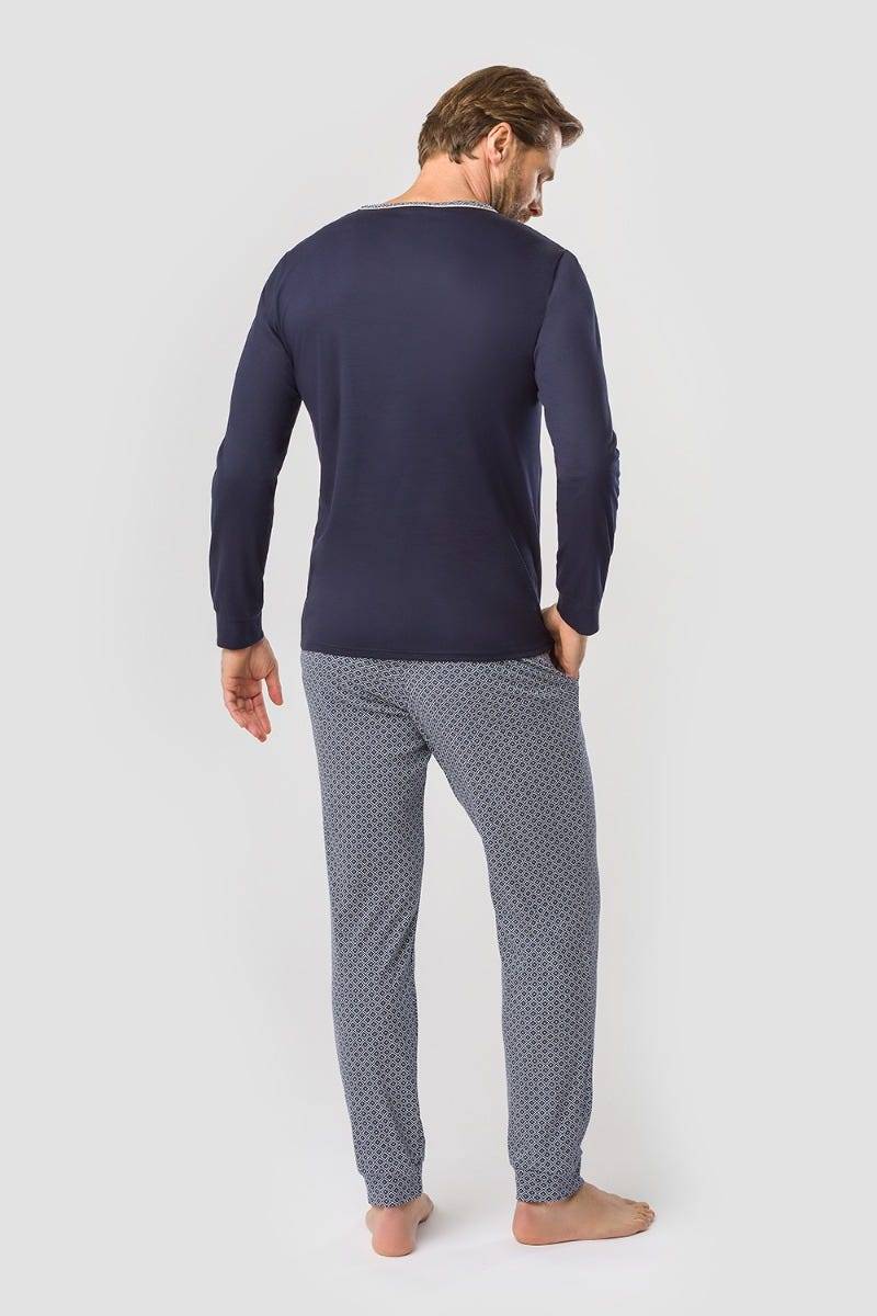 Rösch Herren Pyjama mit Minimalprint Blau Raffungen Paspeln 100% Baumwolle im Angebot