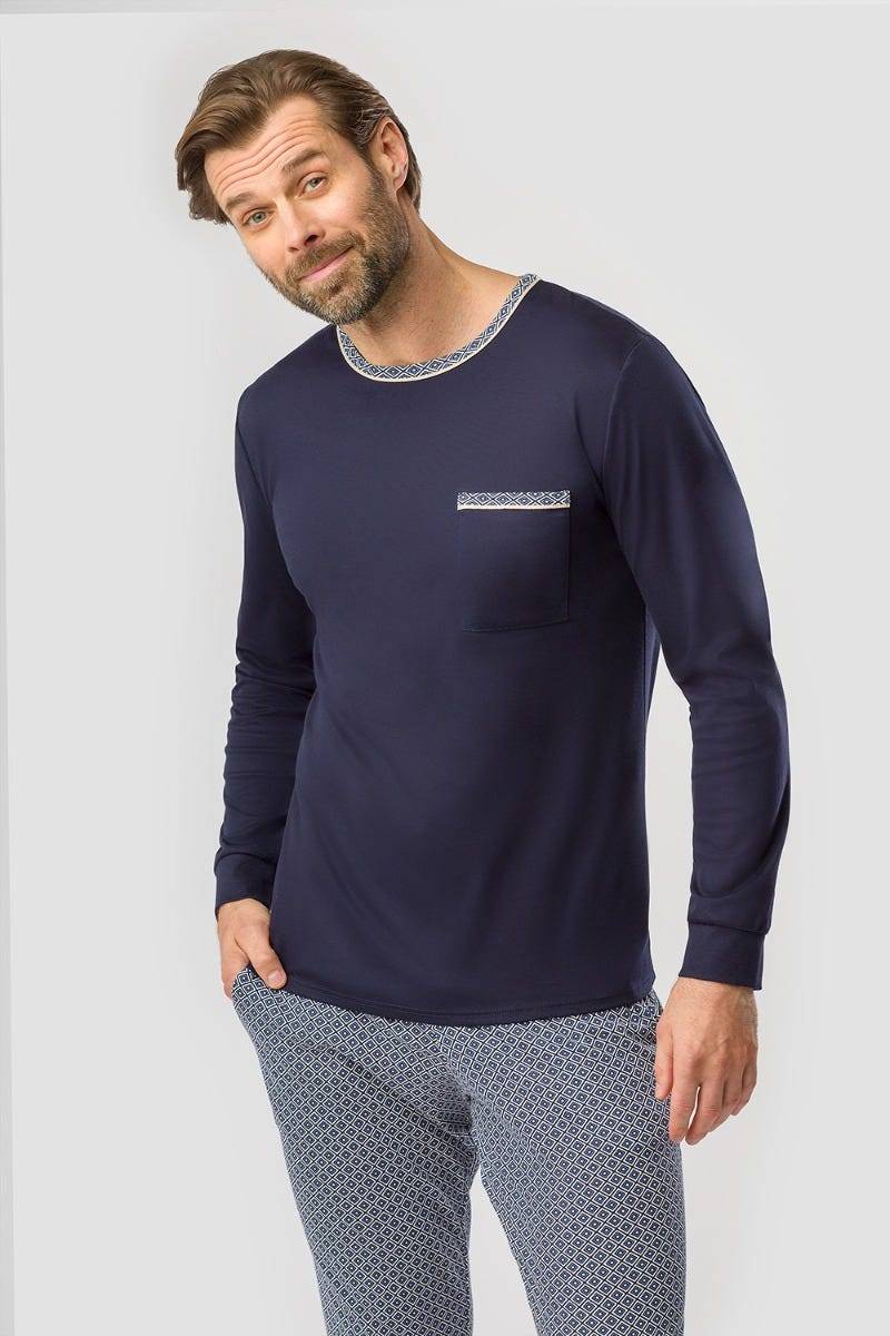 Rösch Herren Pyjama mit Minimalprint Blau Raffungen Paspeln 100% Baumwolle im Angebot