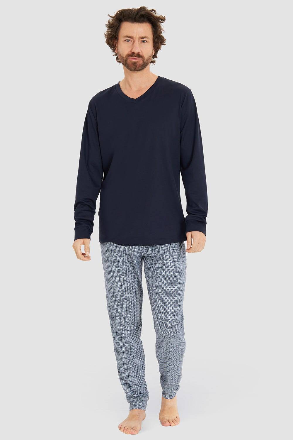 Rösch Herren Langer Pyjama mit Minimalprint Blau V-Ausschnitt 100% Baumwolle