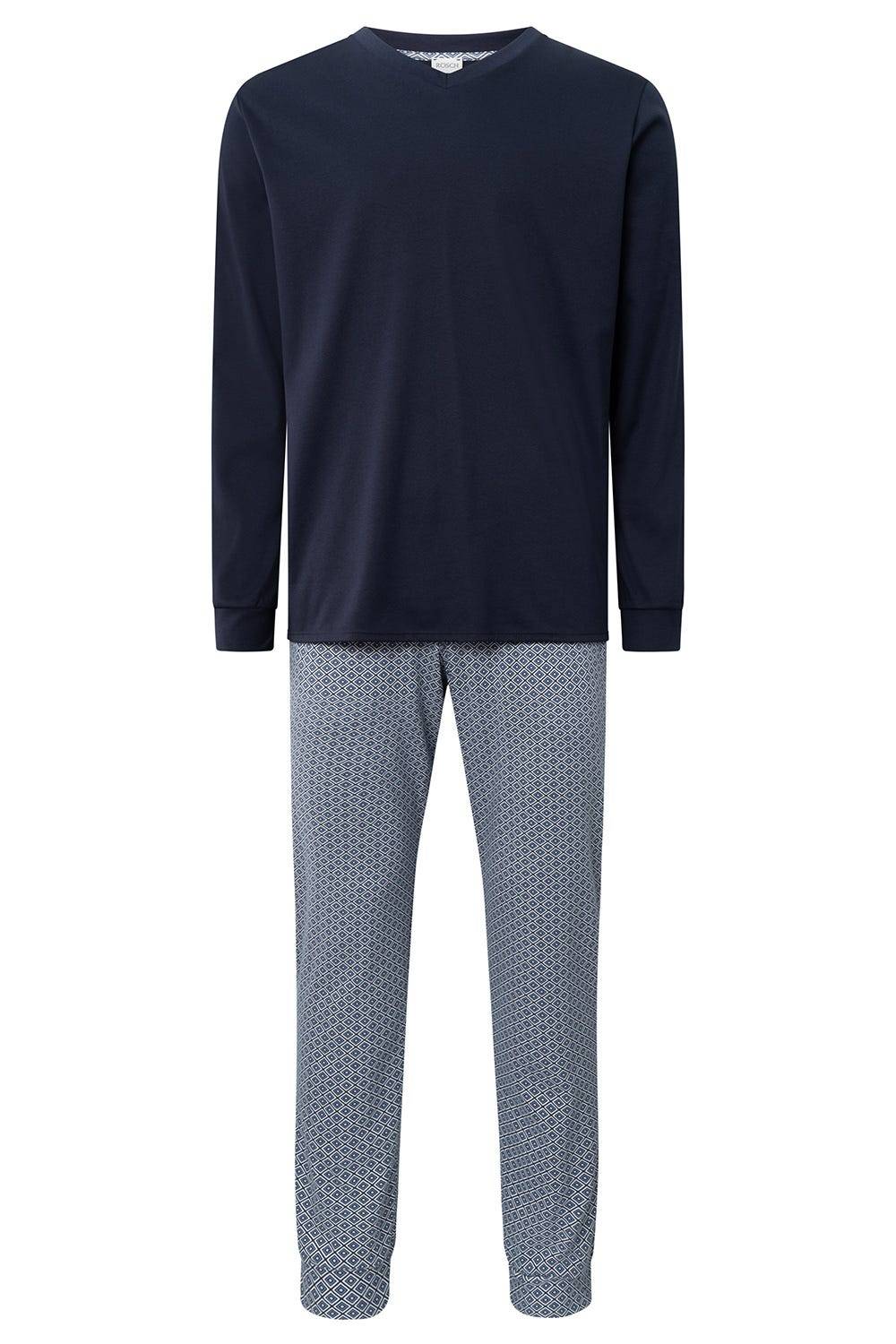 Rösch Herren Langer Pyjama mit Minimalprint Blau V-Ausschnitt 100% Baumwolle VIP-Rabatte