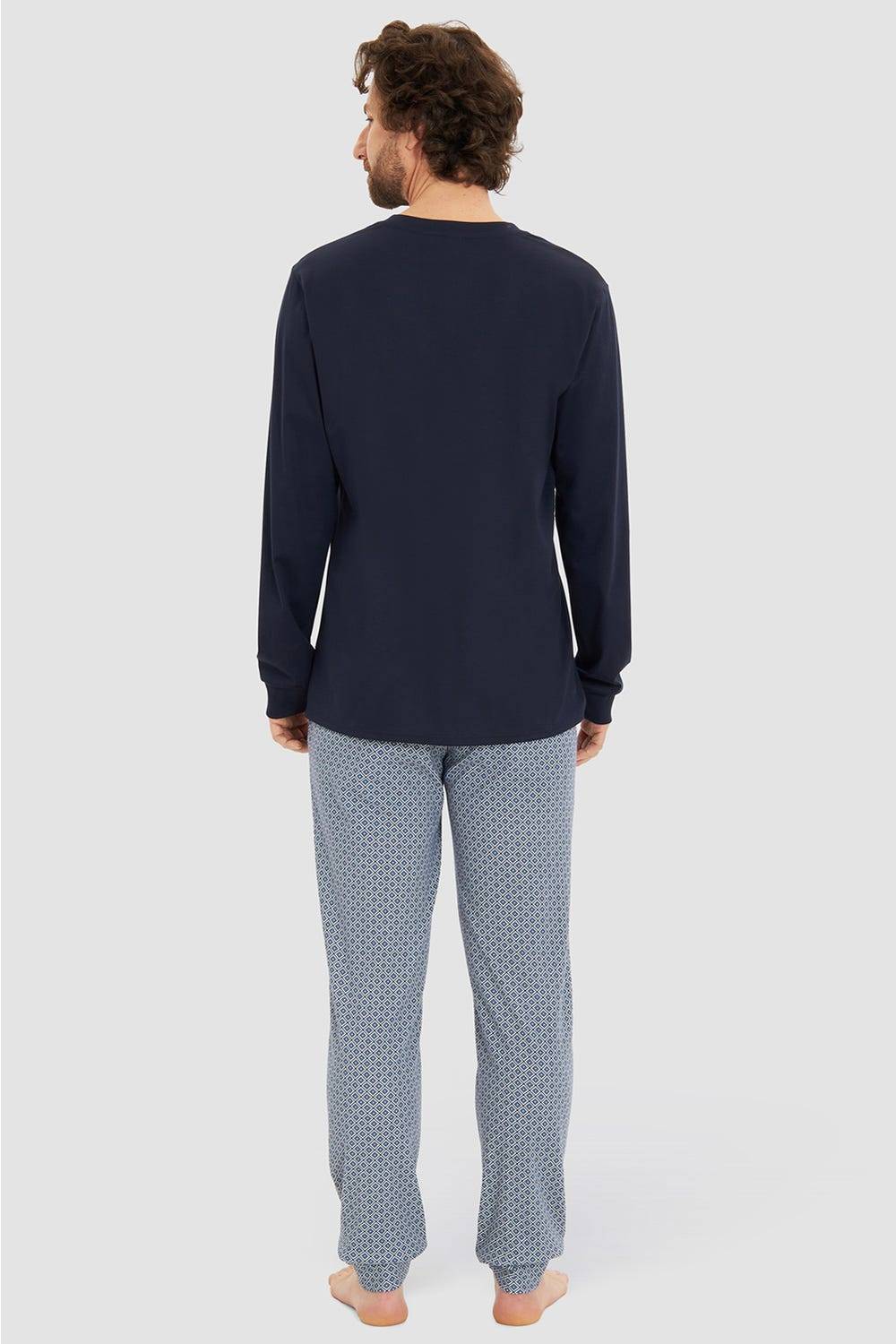Rösch Herren Langer Pyjama mit Minimalprint Blau V-Ausschnitt 100% Baumwolle VIP-Rabatte