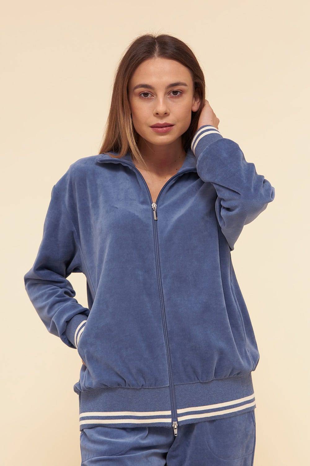 Rösch Hausanzug aus Nicki Blouson-Style sportive Streifen Stickbündchen Baumwolle/Polyester Online