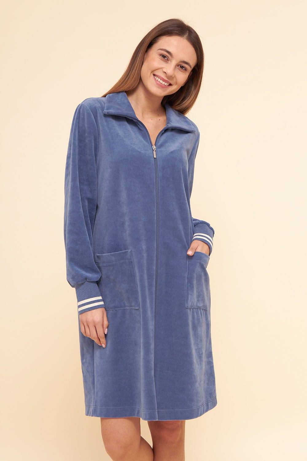 Rösch Morgenmantel aus Nicki Blouson-Style sportive Streifen Stickbündchen Baumwolle/Polyester Outlet