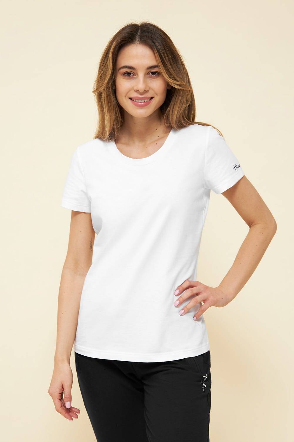 Rösch Basic T-Shirt Weiß Uni Stickereidetail Bio-Baumwolle/Elasthan thx