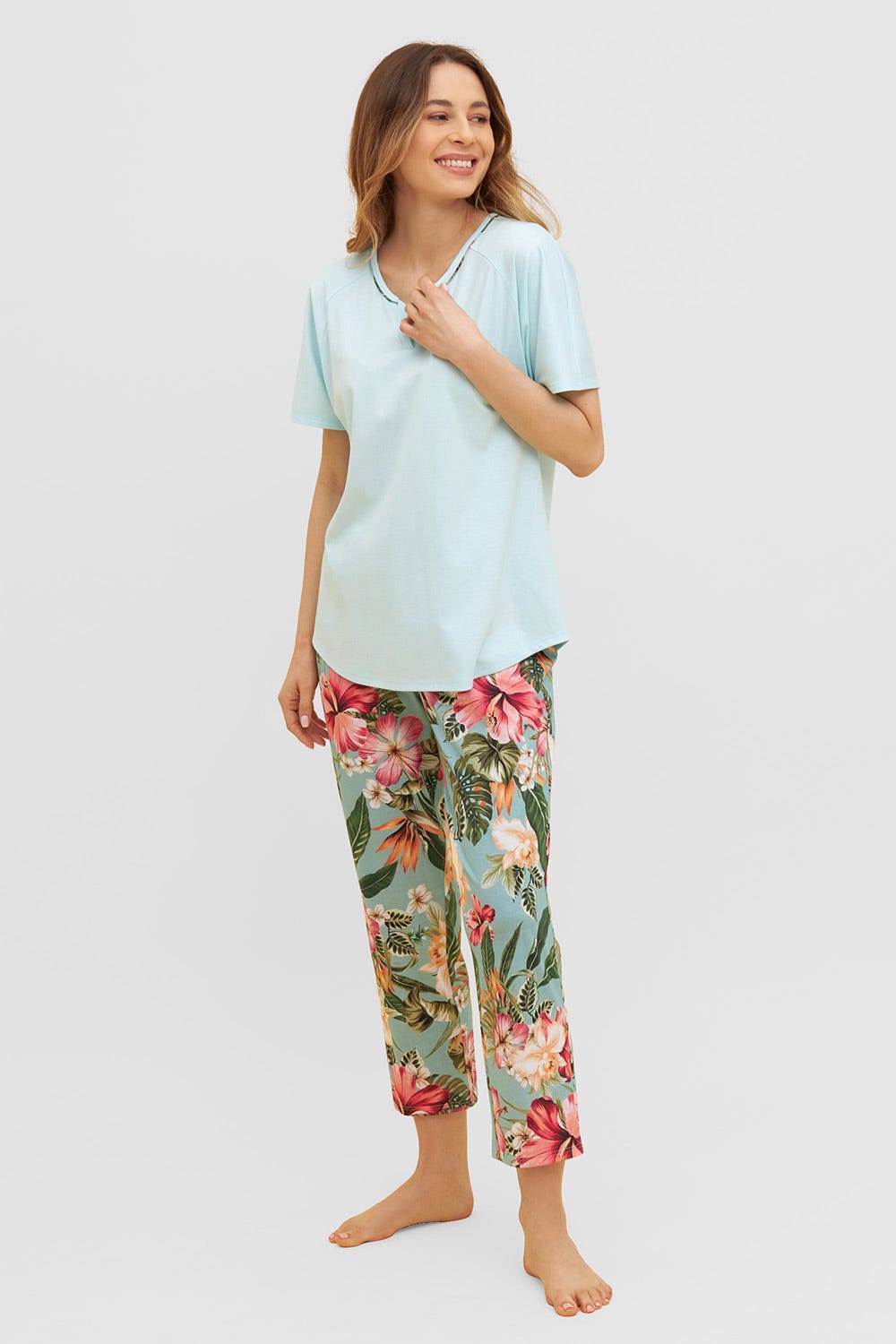 Rösch Pyjama mit tropischem Druck 7/8-Hose Raglan Baumwolle/Modal