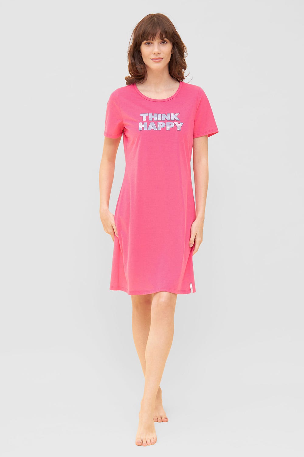 Rösch Nachthemd mit Schriftzug &quot;Think Happy&quot; Pink Kurzarm 100% Baumwolle