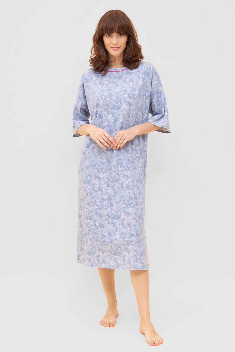 Rösch Nachtkleid im blauen Camouflage-Druck Halbarm Maxi-Länge Baumwolle/Elasthan