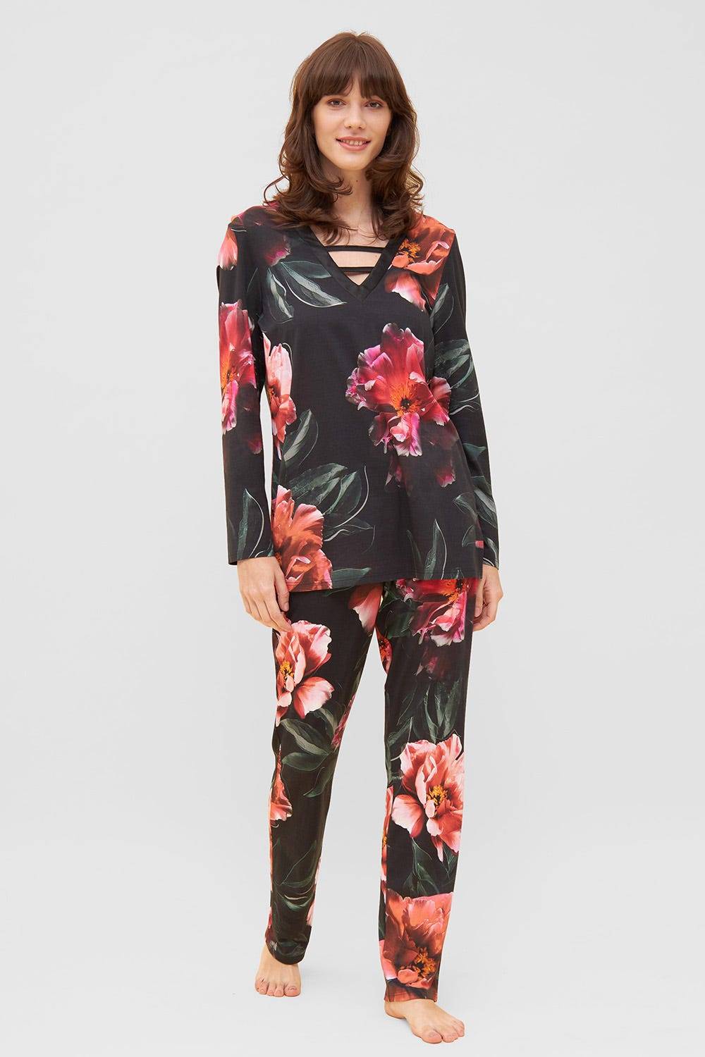 Rösch Pyjama im eleganten Blumendruck V-Ausschnitt Baumwolle/Modal