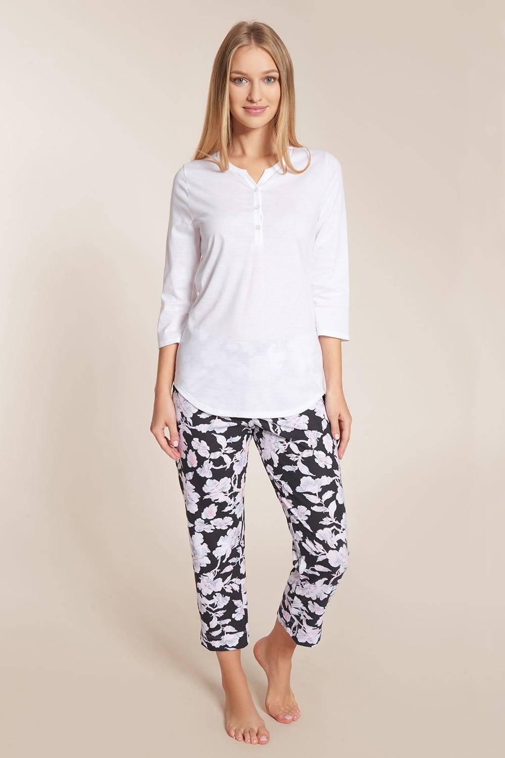 Rösch Pyjama mit Blütendruck 3/4-Ärmel 100% Baumwolle