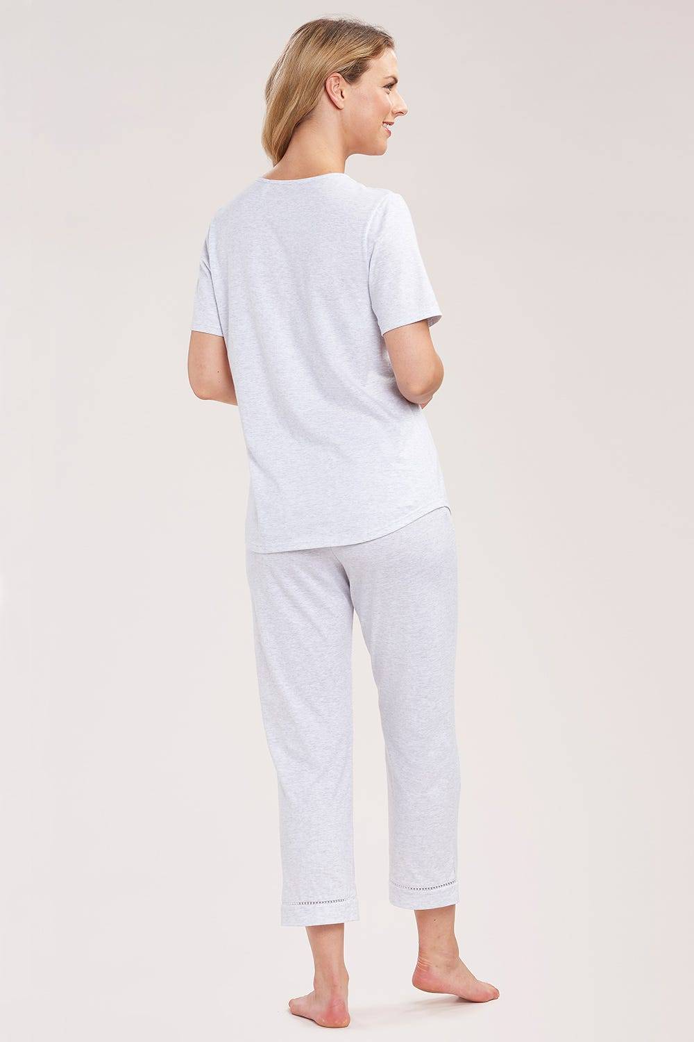 Rösch Pyjama mit Zierschleife und Spitze Grau Kurzarm 7/8-Hose 100% Baumwolle Fabrikverkauf