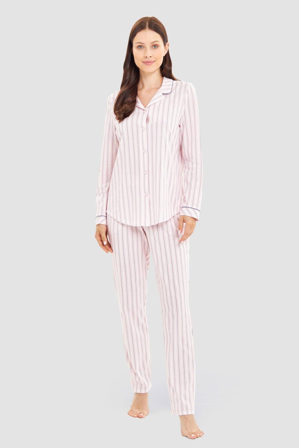 Rösch Basic Pyjamashirt Langarm im Streifendruck Herrenhemdstil Auslauf