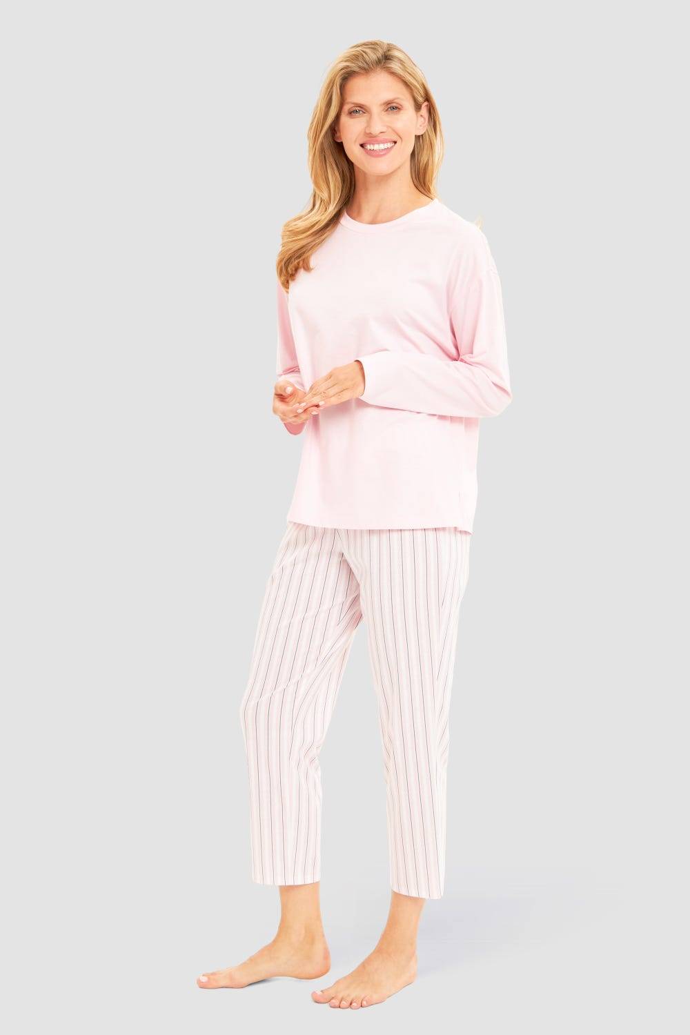 Rösch Basic 7/8-Pyjamahose im Streifendruck Rosa-Grau Angebote