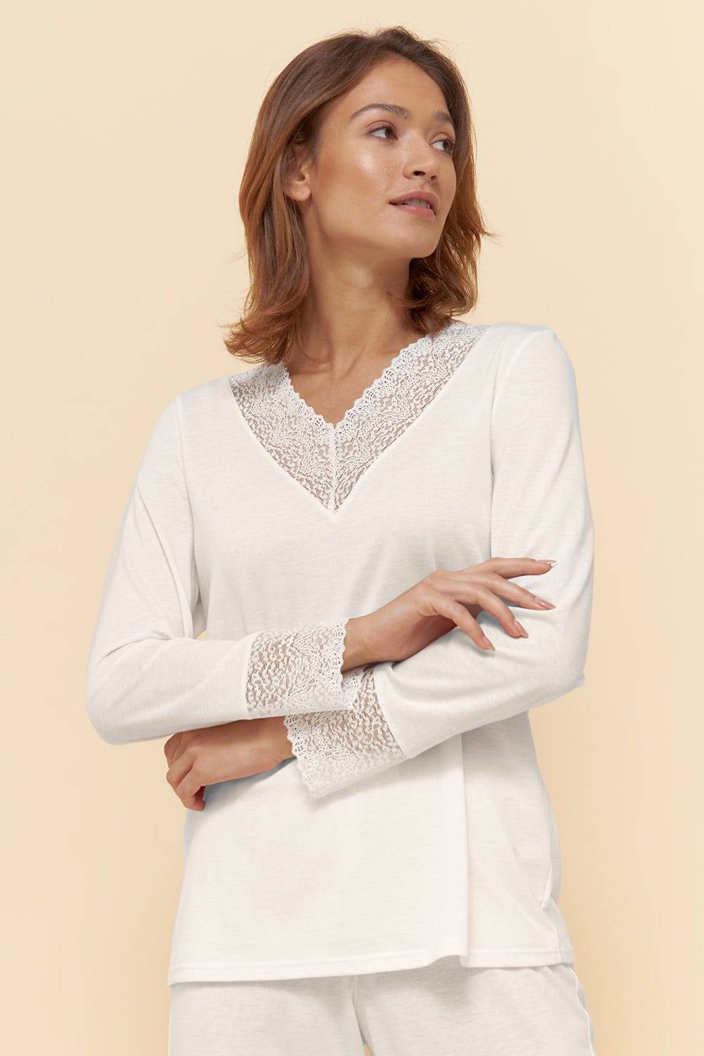 Rösch Pyjama mit eleganten Spitzen-Details einfarbig romantisch verspielt Baumwolle/Modal Hotsell