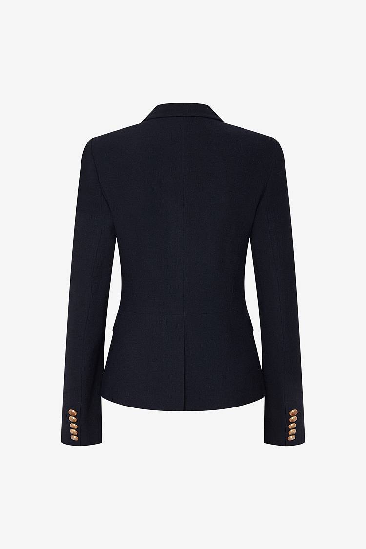 Sly 010 Doppelreihiger Blazer mit Goldknöpfen aus Viskose-Crêpe im Angebot