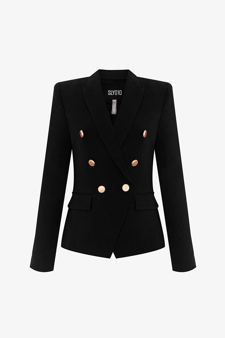 Sly 010 Kurzer doppelreihiger Blazer mit Goldknöpfen aus Crêpe-Envers-Satin