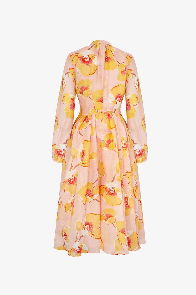 Sly 010 Tailliertes Midi-Kleid aus Ramie mit Blumendruck Meist gekauft