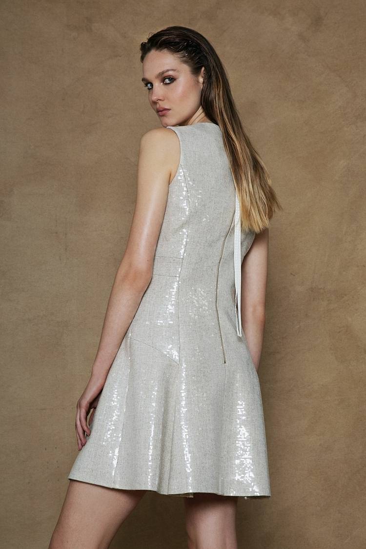 Sly 010 Ärmelloses Pailettenkleid aus Viskose-Leinen-Mix Outlet