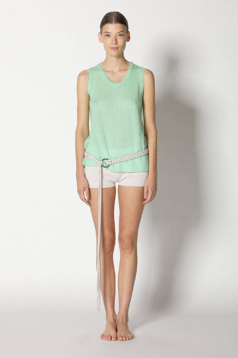 Sminfinity fluffy fringe crew top + fluffy fringe plaid + hang loose ring belt handmade makrame Auslauf