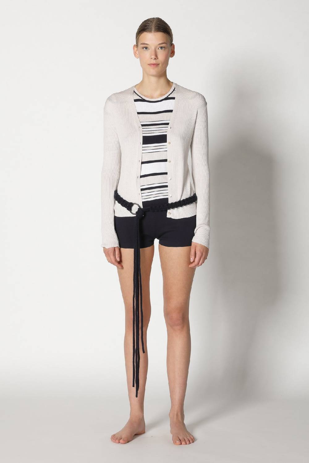 Sminfinity silky rib stripe crew T + silky rib cardy + silky shorts + hang loose ring belt Outlet