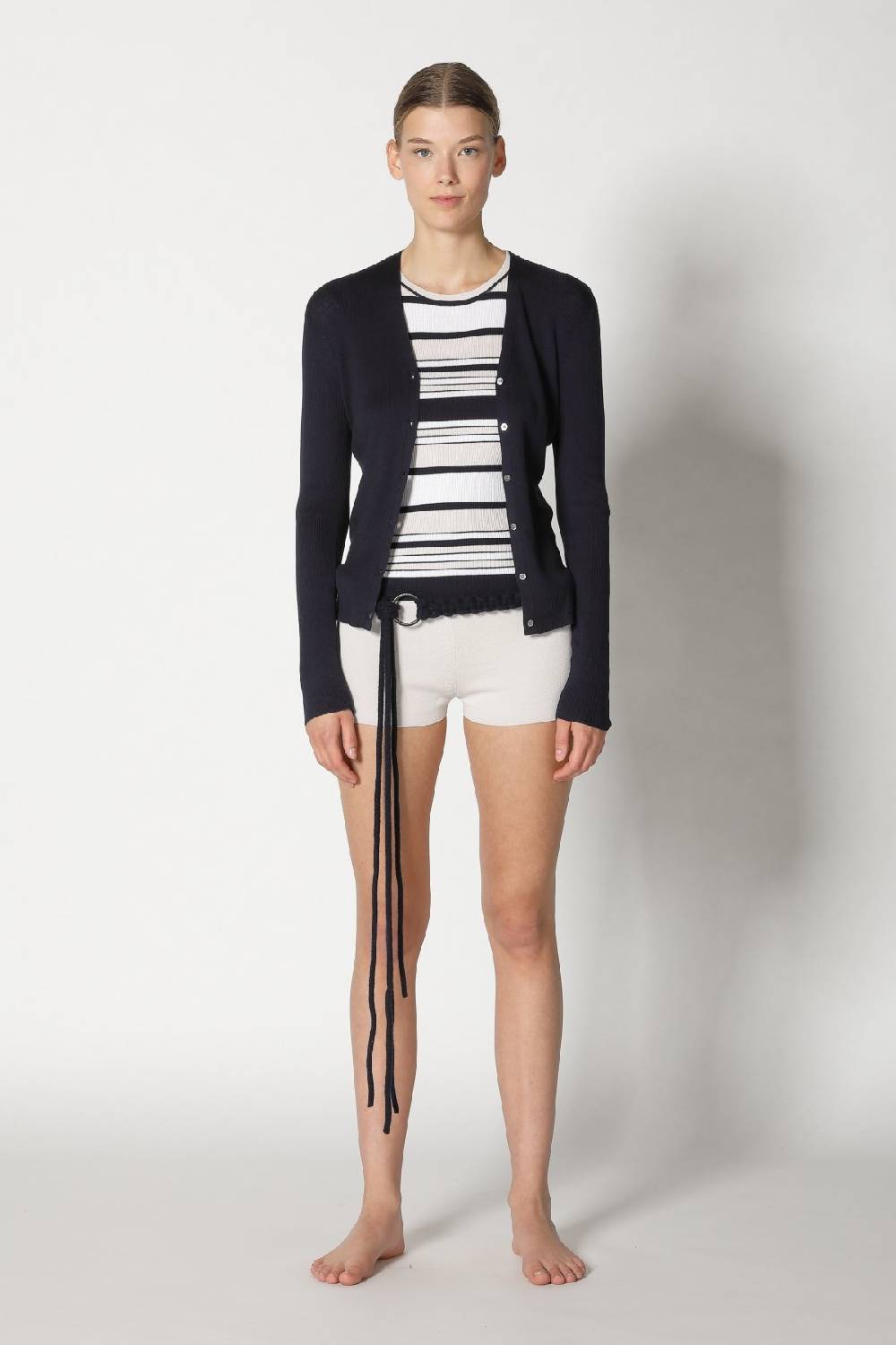 Sminfinity silky rib stripe crew T + silky rib cardy + silky shorts + hang loose ring belt Outlet
