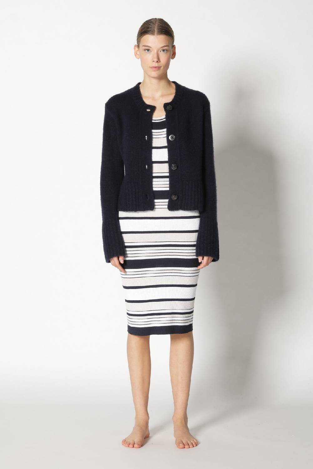 Sminfinity fluffy cropped jacket + silky rib stripe tank dress