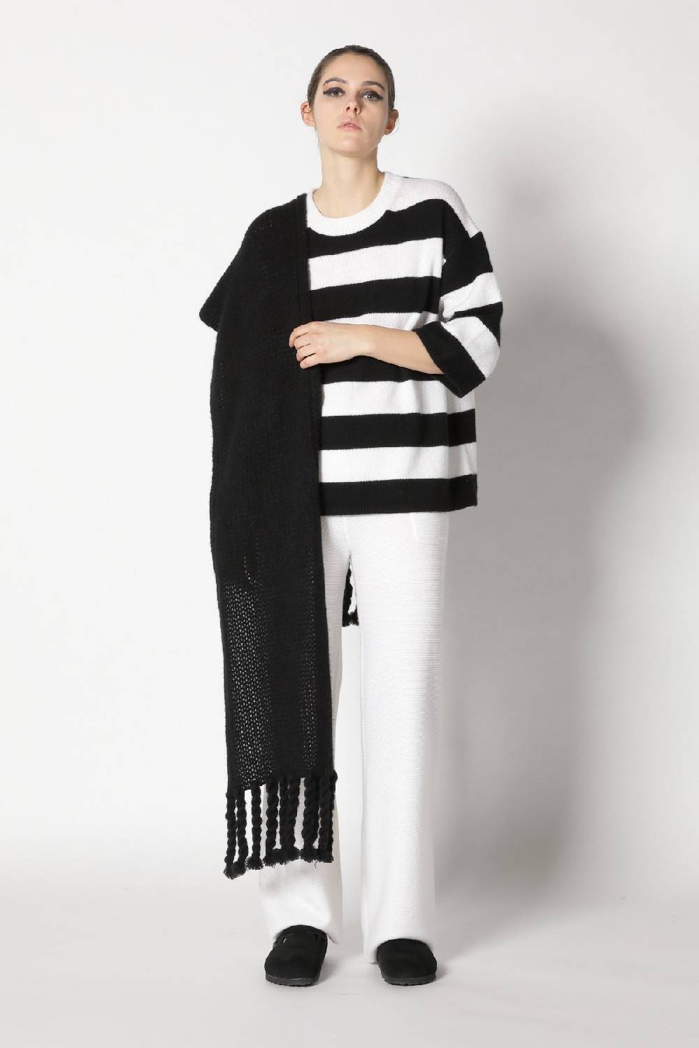 Sminfinity blurry stripe jumper + blurry chunky scarf + garter palazzo pants Online