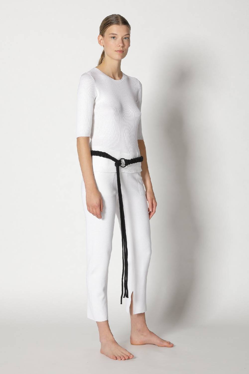 Sminfinity silky rib crew T + silky cropped pants + hang loose ring belt Online