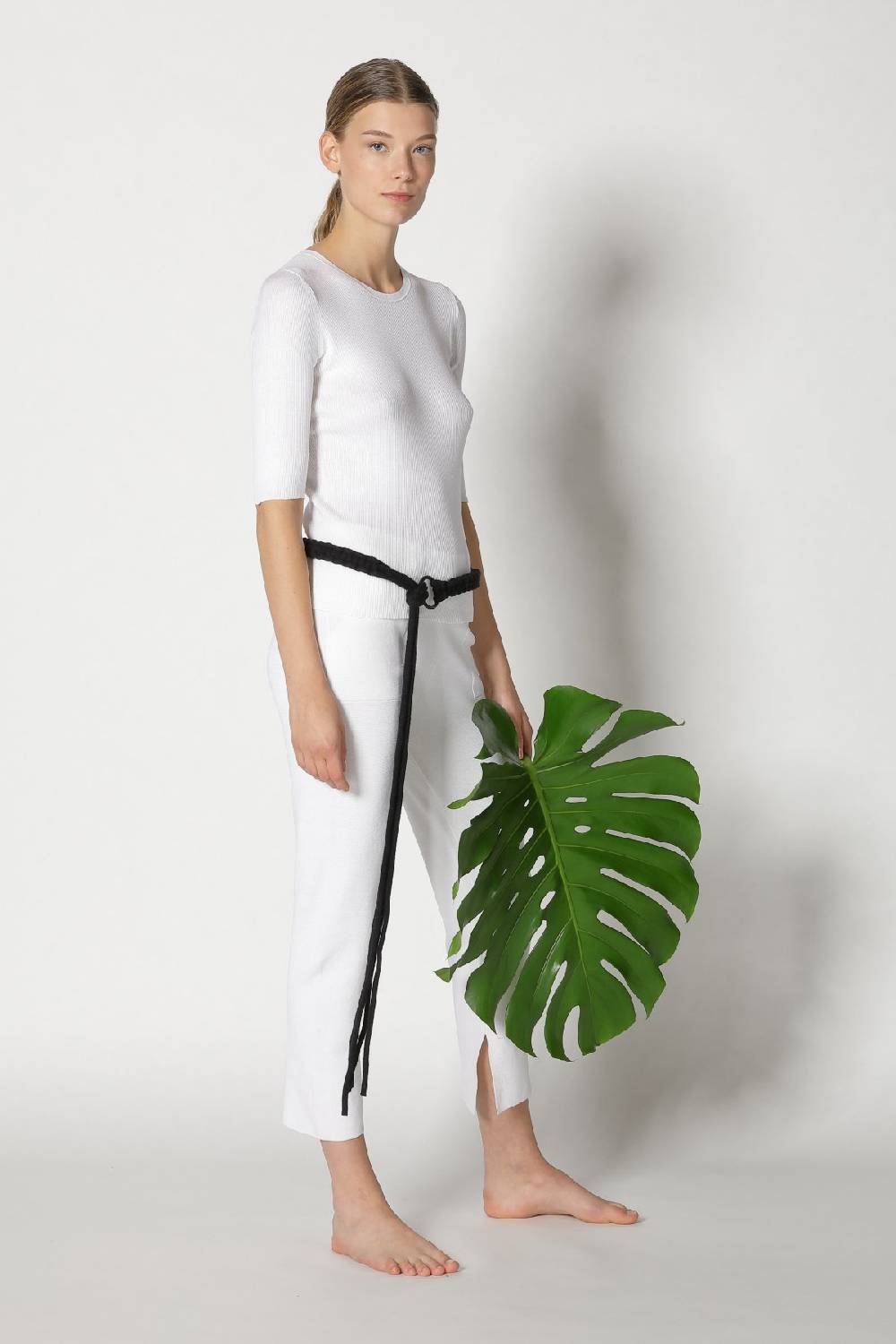 Sminfinity silky rib crew T + silky cropped pants + hang loose ring belt Online