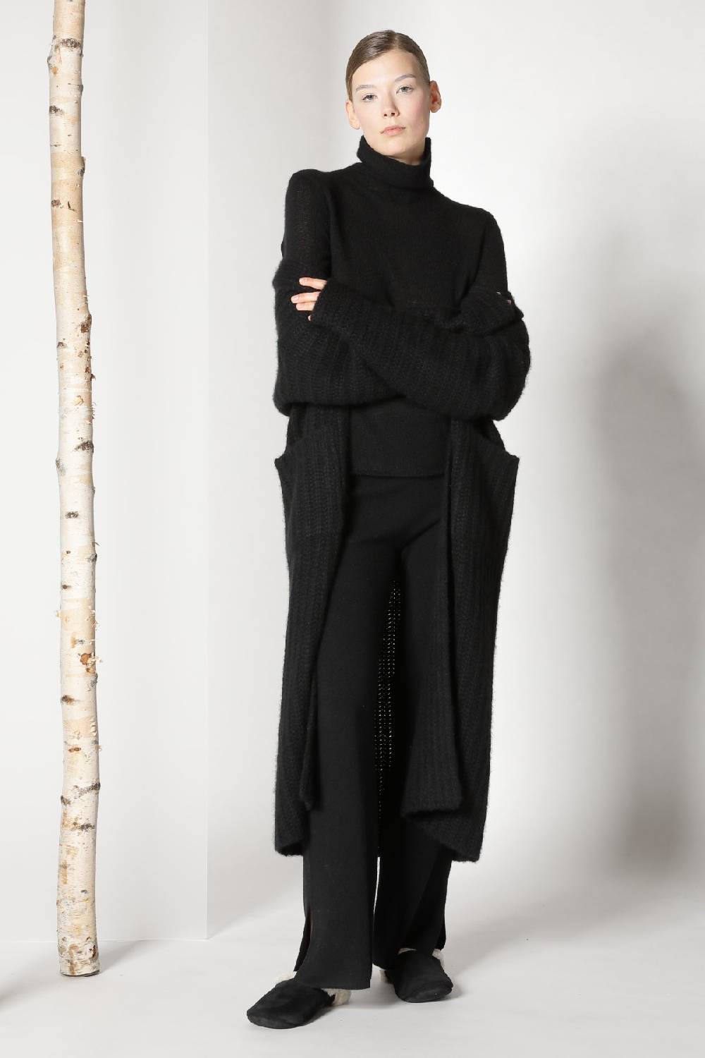 Sminfinity fluffy ribbed maxi coat + fluffy 1 Ply turtleneck + pure slitted pants Outlet